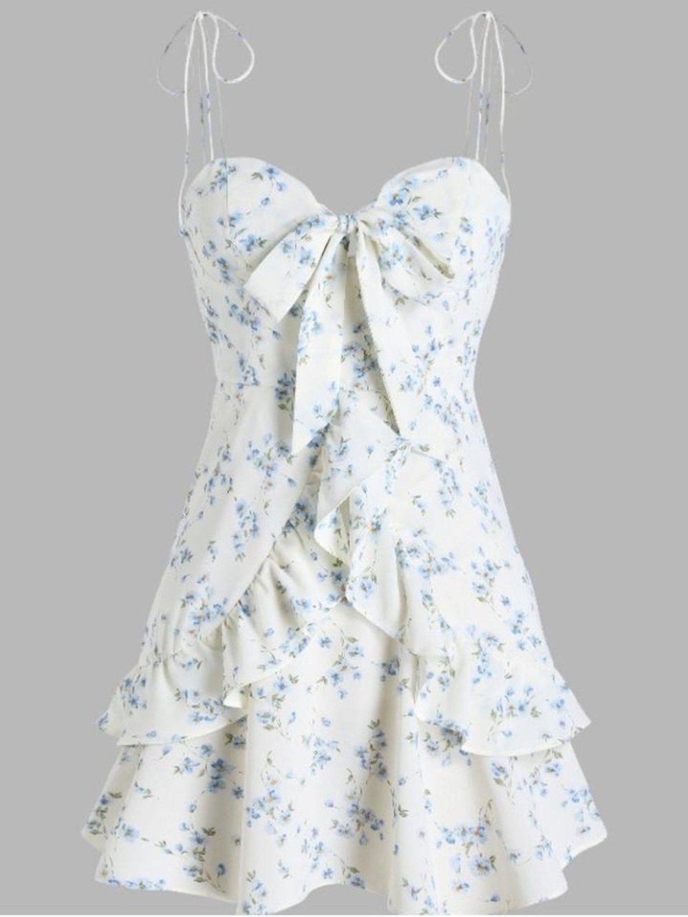 Cider Floral Tie-Front Mini Dress in Cream and Light Blue